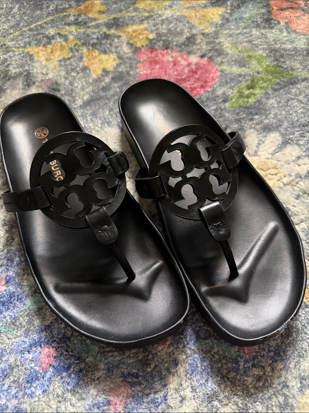 Tory Burch Black Miller Cloud Logo Sandals Black Leather Slide